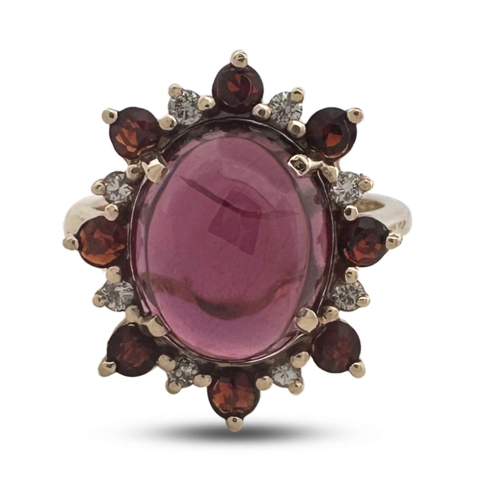 Oval Cabochon & Round Garnets with Diamonds Cocktail Ring in 14k Yellow Gold