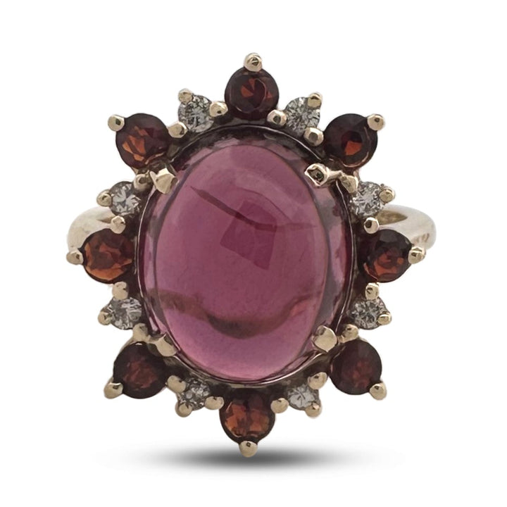 Oval Cabochon & Round Garnets with Diamonds Cocktail Ring in 14k Yellow Gold