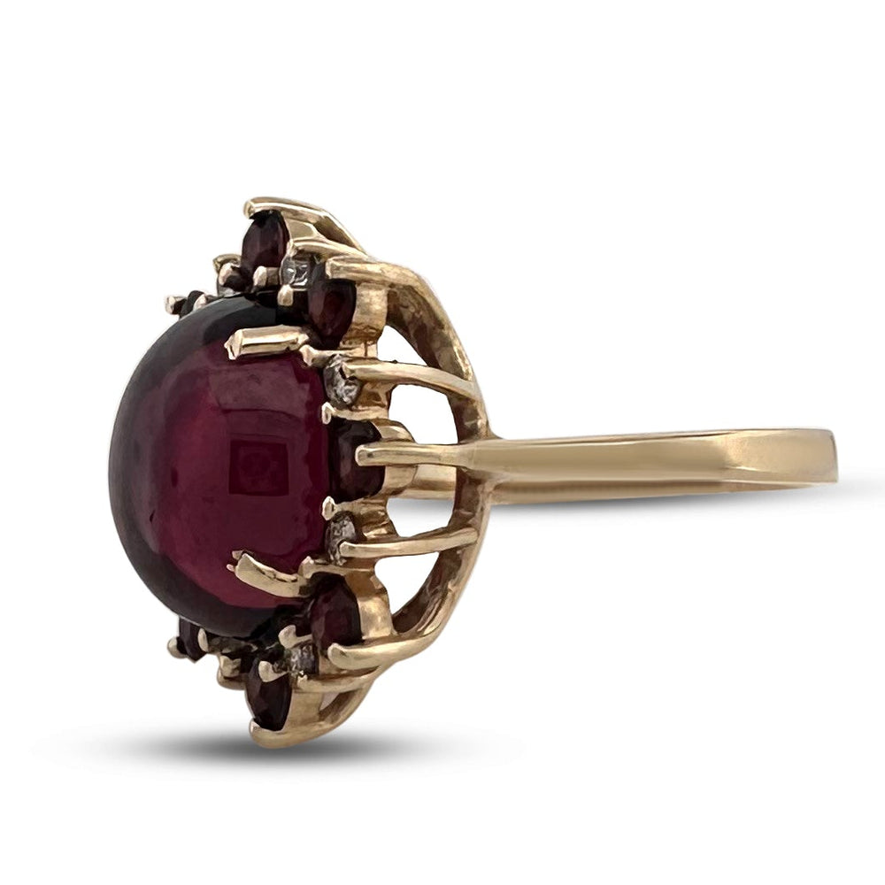 Oval Cabochon & Round Garnets with Diamonds Cocktail Ring in 14k Yellow Gold