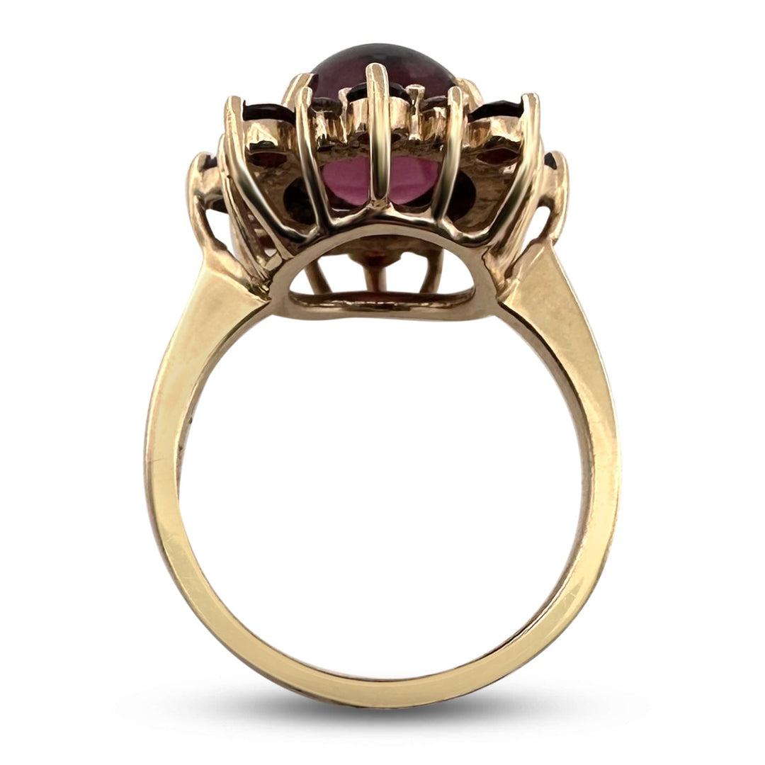 Oval Cabochon & Round Garnets with Diamonds Cocktail Ring in 14k Yellow Gold