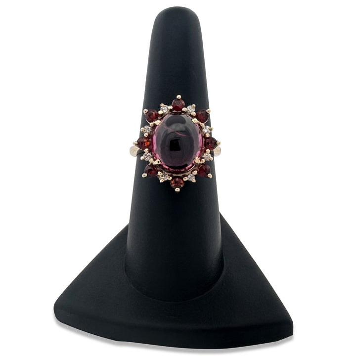 Oval Cabochon & Round Garnets with Diamonds Cocktail Ring in 14k Yellow Gold