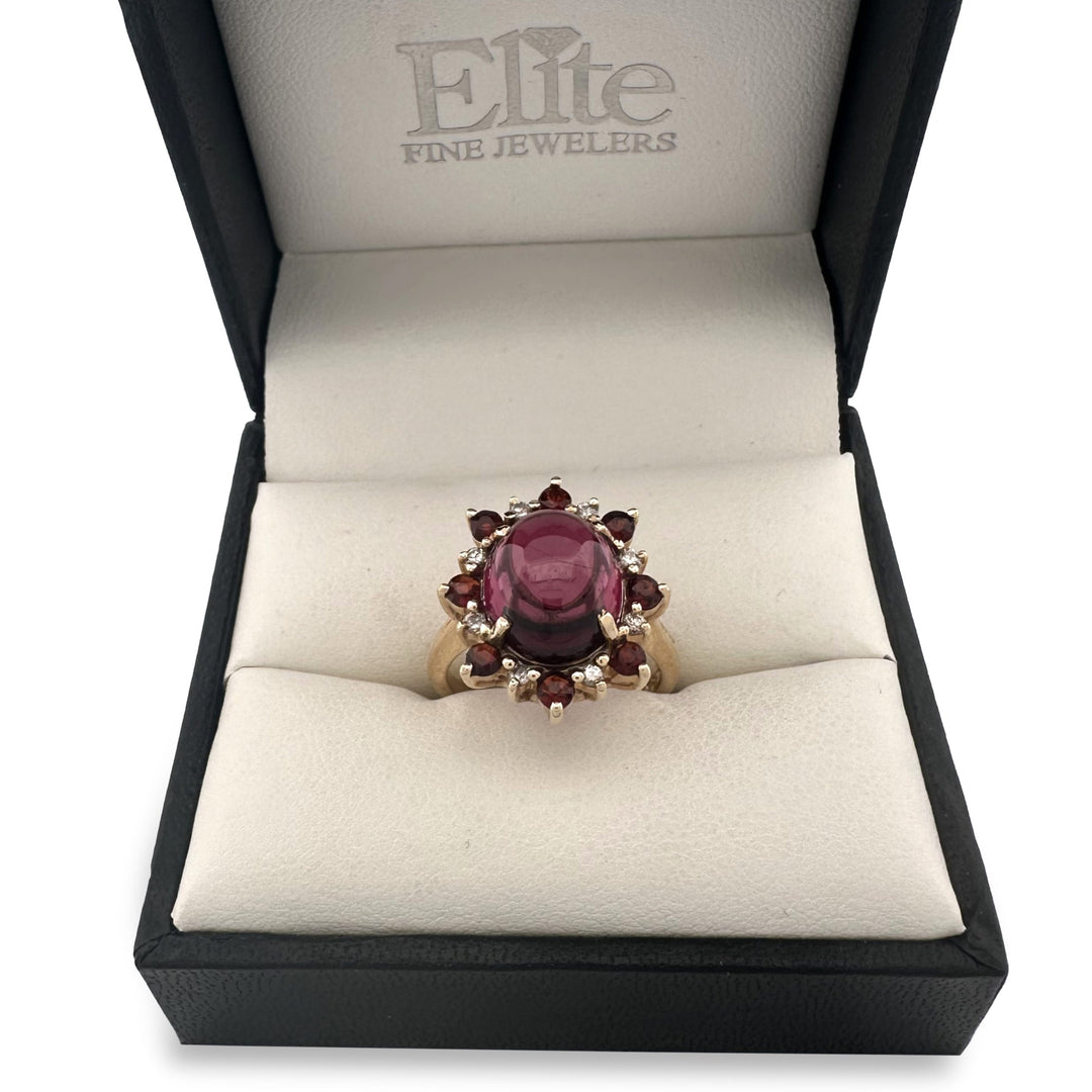 Oval Cabochon & Round Garnets with Diamonds Cocktail Ring in 14k Yellow Gold