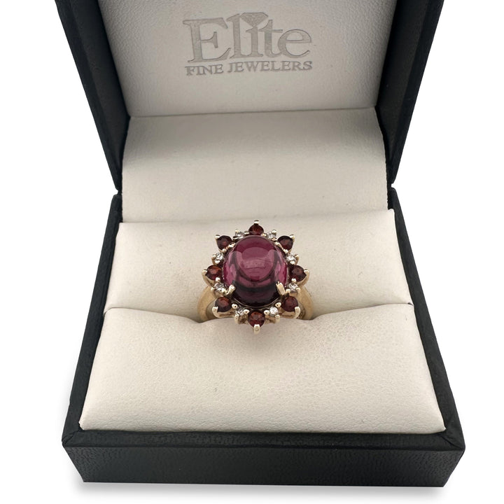 Oval Cabochon & Round Garnets with Diamonds Cocktail Ring in 14k Yellow Gold