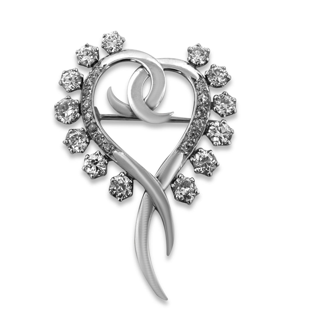 Vintage 2.11ctw Old European Cut Natural Diamond Heart Brooch in Platinum
