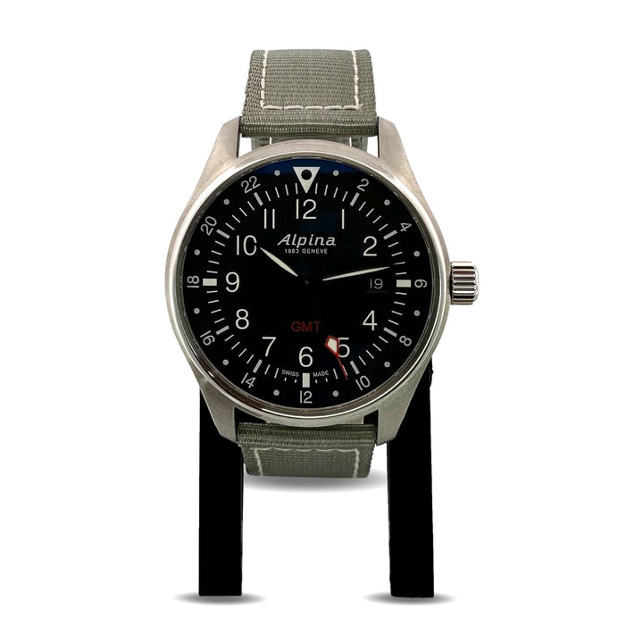 Alpina Startimer GMT 42mm Stainless Steel on Green Strap Watch with Box & Papers