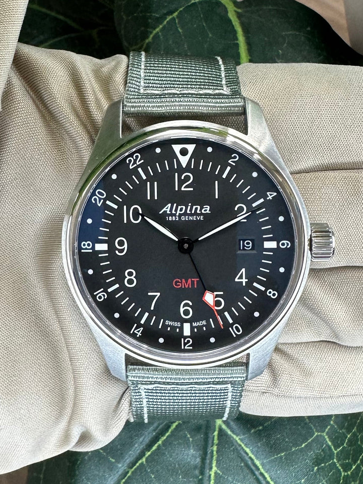 Alpina Startimer GMT 42mm Stainless Steel on Green Strap Watch with Box & Papers
