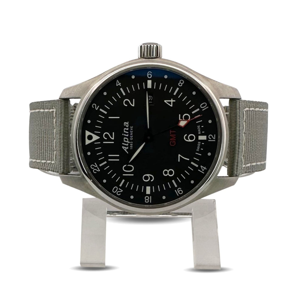 Alpina Startimer GMT 42mm Stainless Steel on Green Strap Watch with Box & Papers