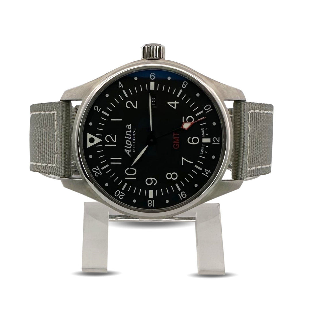 Alpina Startimer GMT 42mm Stainless Steel on Green Strap Watch with Box & Papers