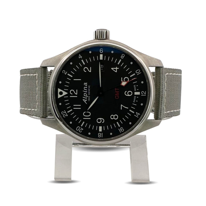 Alpina Startimer GMT 42mm Stainless Steel on Green Strap Watch with Box & Papers