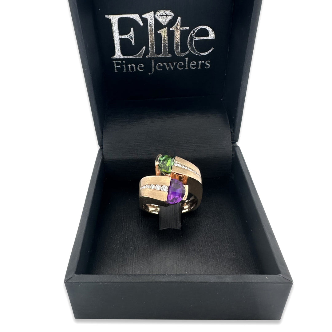 Amethyst, Peridot & Diamond Cocktail Ring in 18k Yellow Gold by Scottsdale Designer Cornelis Hollander