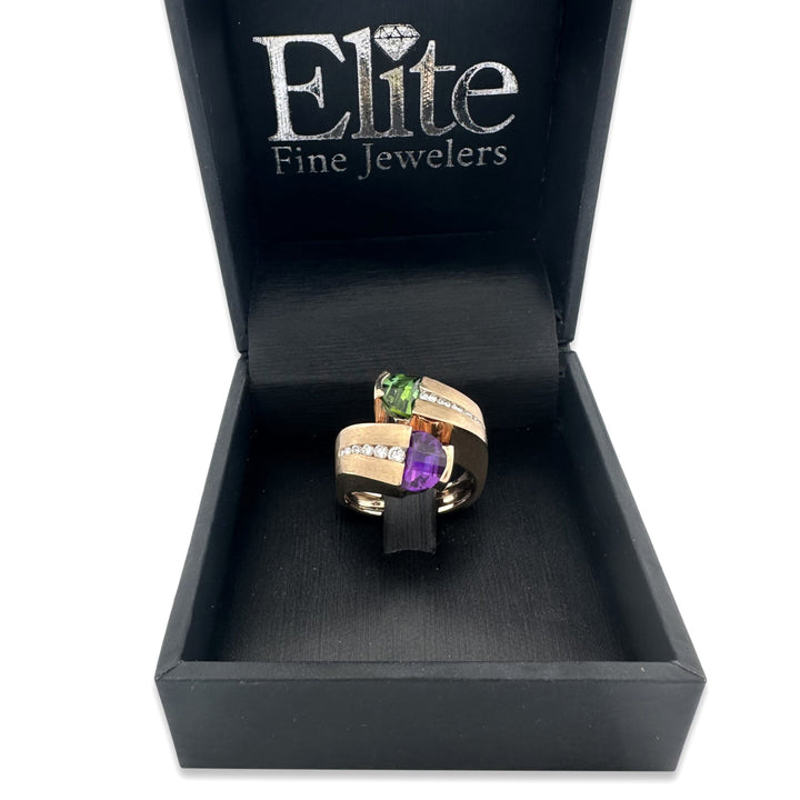 Amethyst, Peridot & Diamond Cocktail Ring in 18k Yellow Gold by Scottsdale Designer Cornelis Hollander