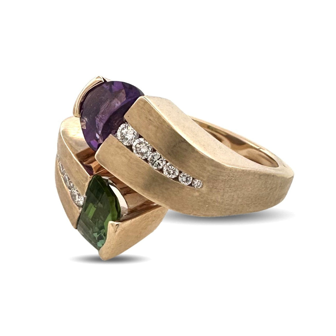 Amethyst, Peridot & Diamond Cocktail Ring in 18k Yellow Gold by Scottsdale Designer Cornelis Hollander