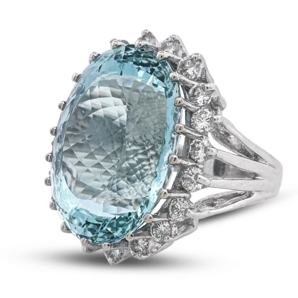 25cts Oval Aquamarine with Round Brilliant Natural Diamonds Cocktail Ring in 14k White Gold
