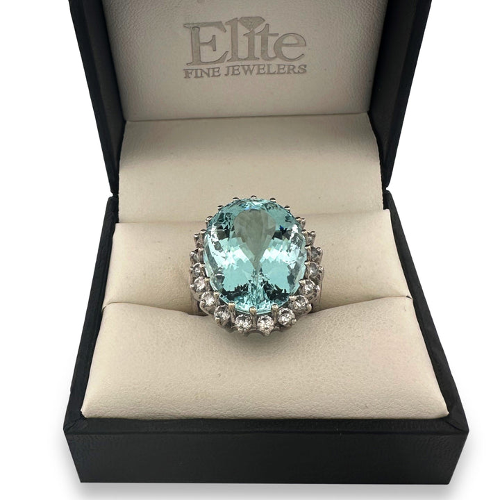 25cts Oval Aquamarine with Round Brilliant Natural Diamonds Cocktail Ring in 14k White Gold
