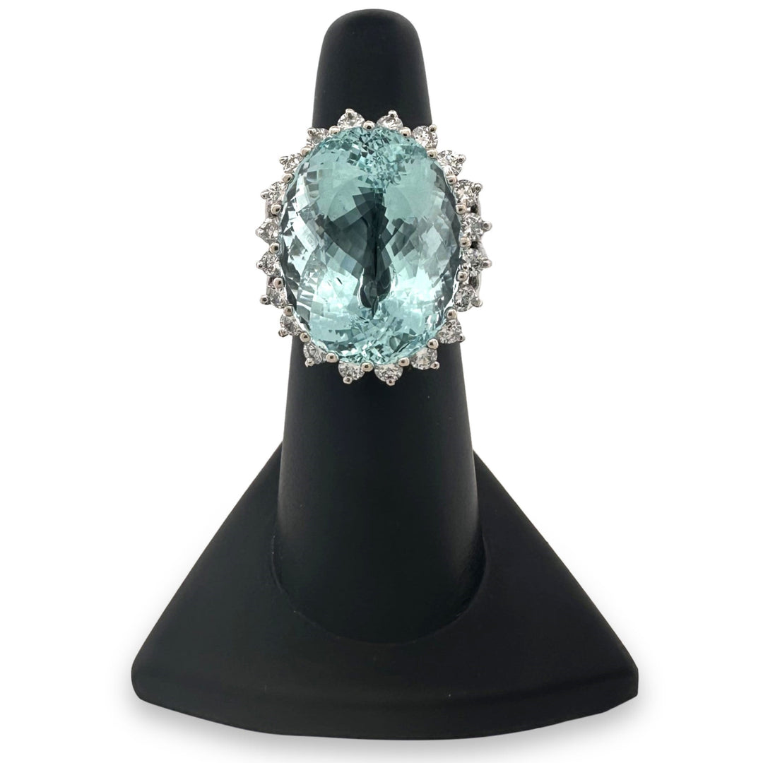 25cts Oval Aquamarine with Round Brilliant Natural Diamonds Cocktail Ring in 14k White Gold