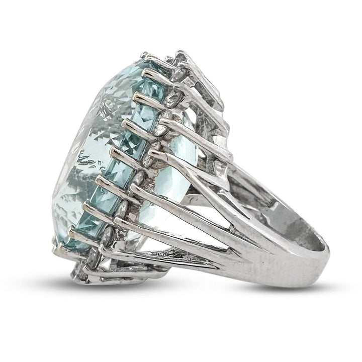 25cts Oval Aquamarine with Round Brilliant Natural Diamonds Cocktail Ring in 14k White Gold