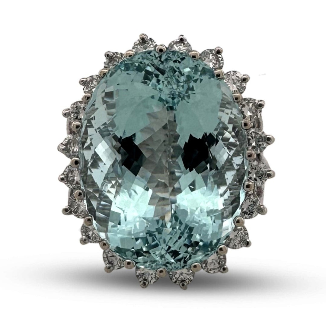 25cts Oval Aquamarine with Round Brilliant Natural Diamonds Cocktail Ring in 14k White Gold