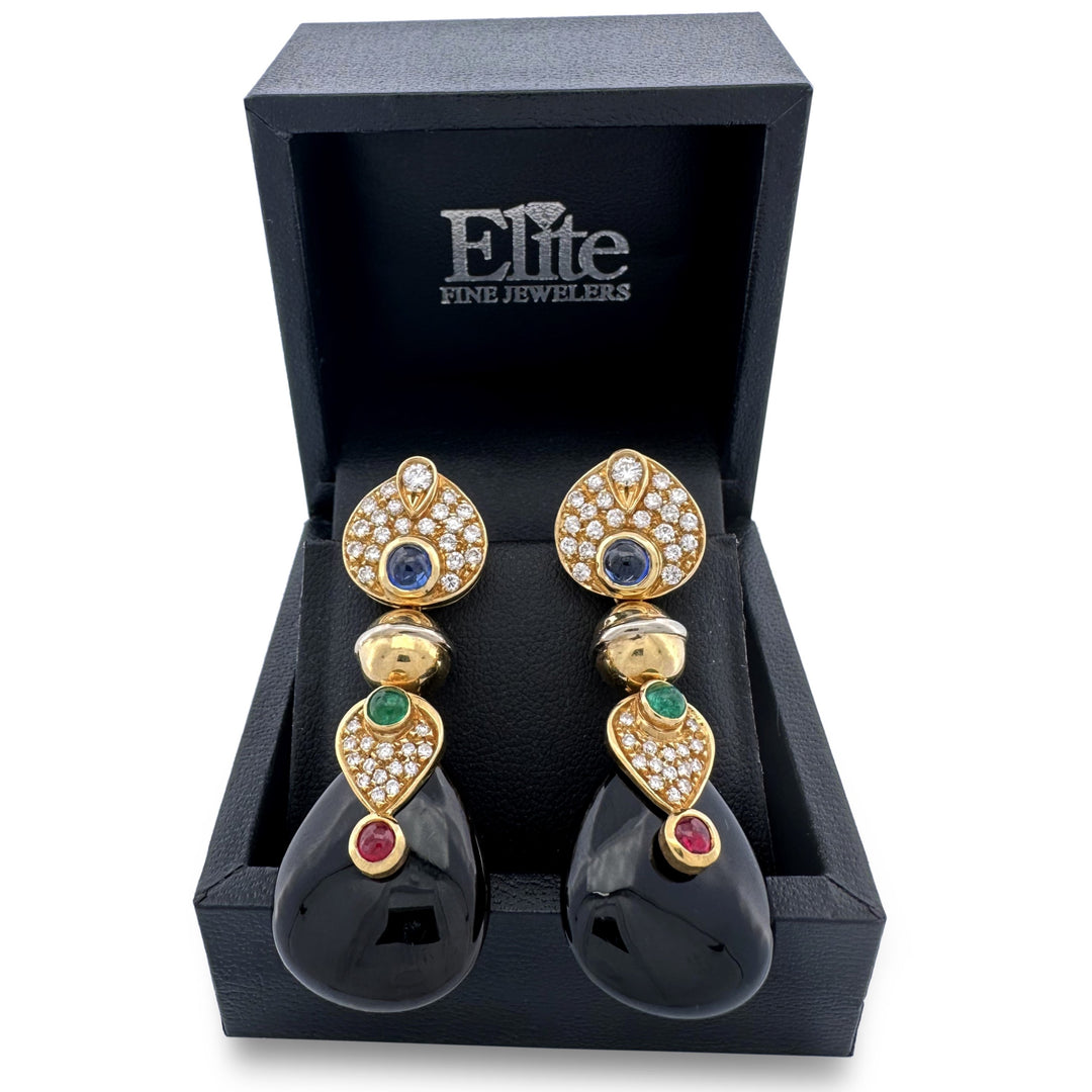 Vintage Multi Gemstone and Natural Diamond Drop Earrings in 18k Yellow Gold