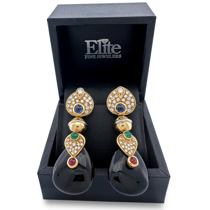 Vintage Multi Gemstone and Natural Diamond Drop Earrings in 18k Yellow Gold