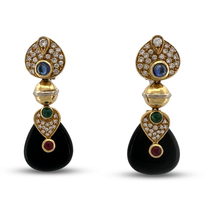 Vintage Multi Gemstone and Natural Diamond Drop Earrings in 18k Yellow Gold