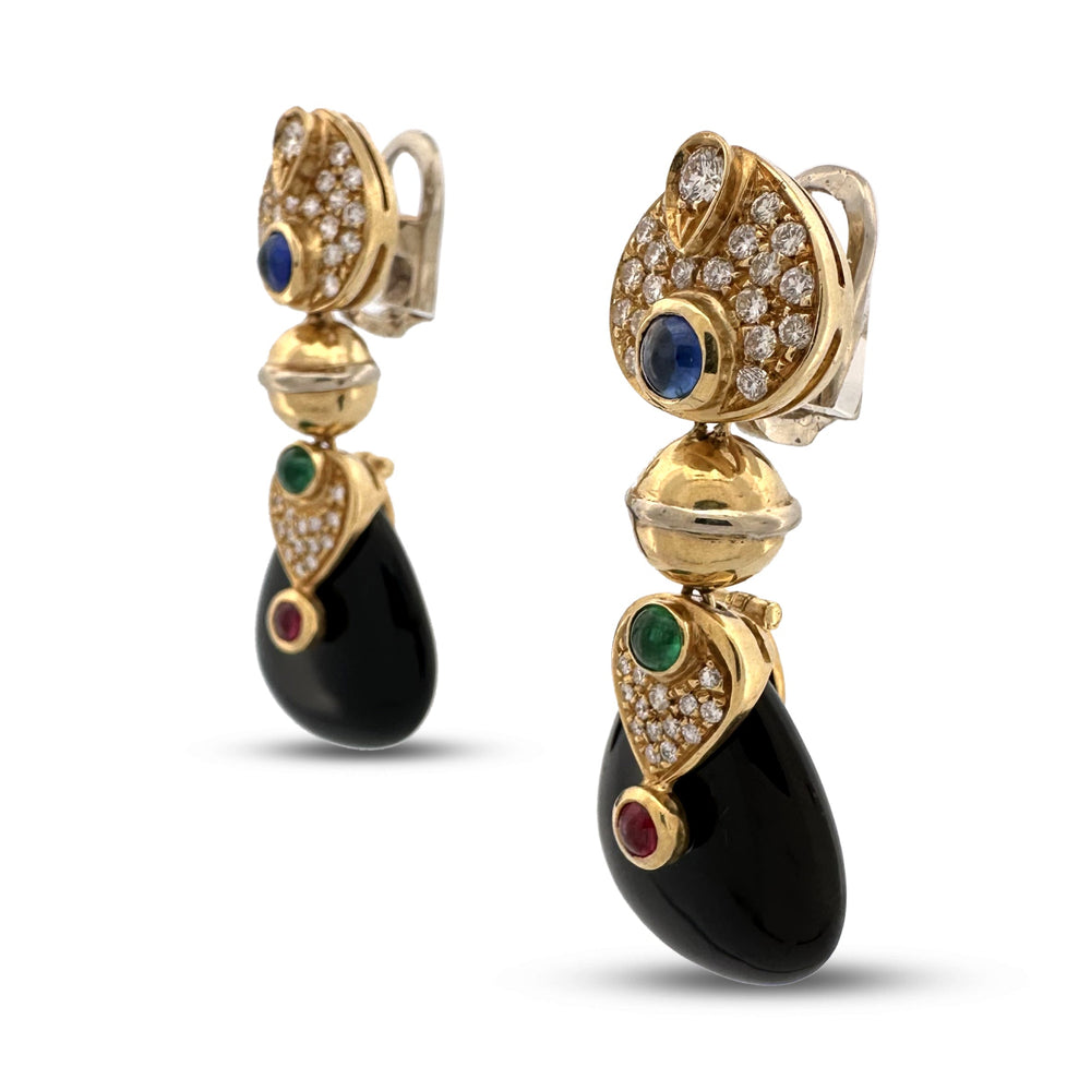 Vintage Multi Gemstone and Natural Diamond Drop Earrings in 18k Yellow Gold