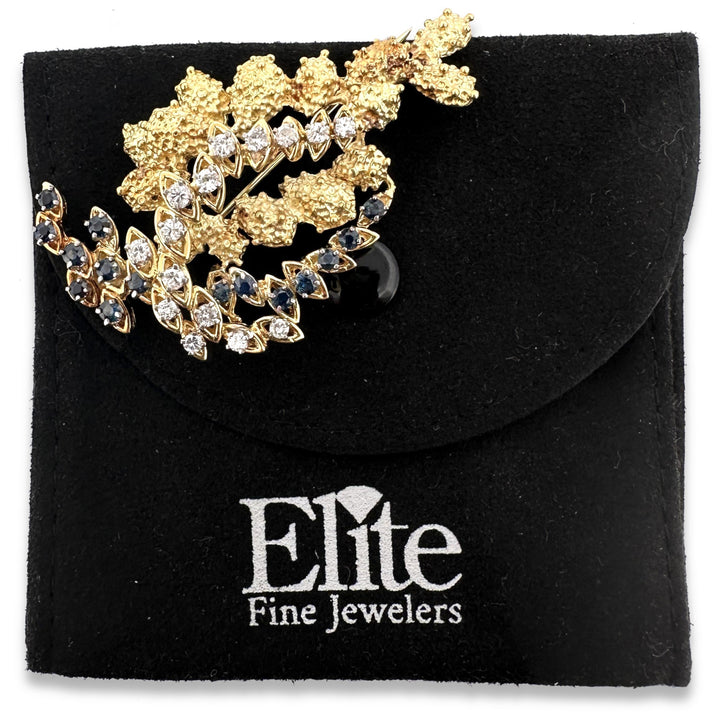 Vintage Sapphire & Natural Diamond Swag Brooch in 18k Yellow & White Gold
