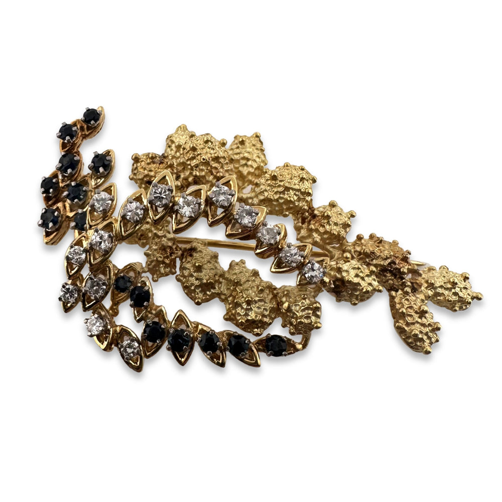 Vintage Sapphire & Natural Diamond Swag Brooch in 18k Yellow & White Gold