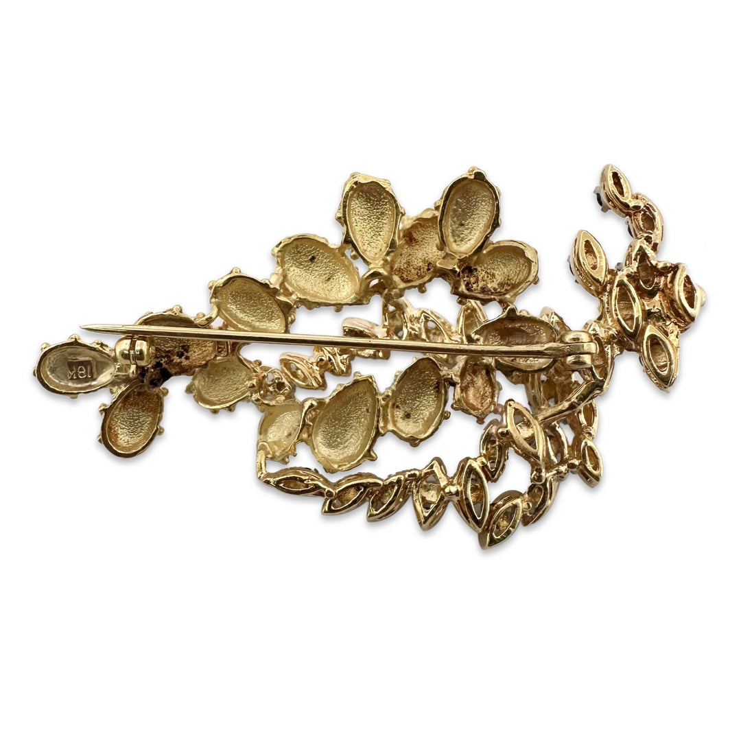Vintage Sapphire & Natural Diamond Swag Brooch in 18k Yellow & White Gold