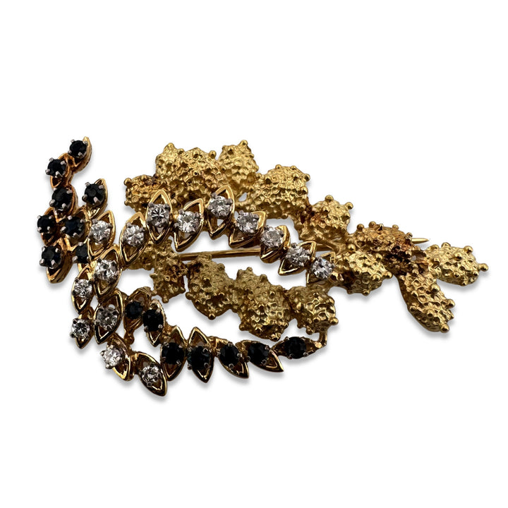 Vintage Sapphire & Natural Diamond Swag Brooch in 18k Yellow & White Gold