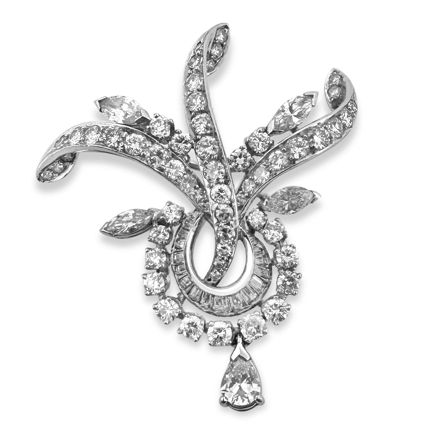 Vintage 3ctw Round, Marquise, Pear and Baguette Cut Natural Diamond Spray Brooch in Platinum