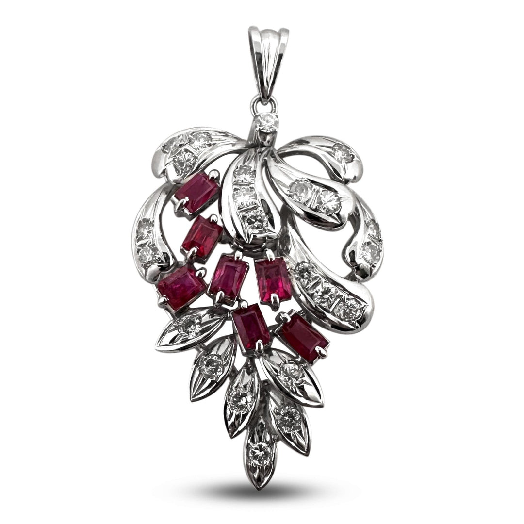 Vintage Ruby and Diamond Cluster Pendant in Platinum