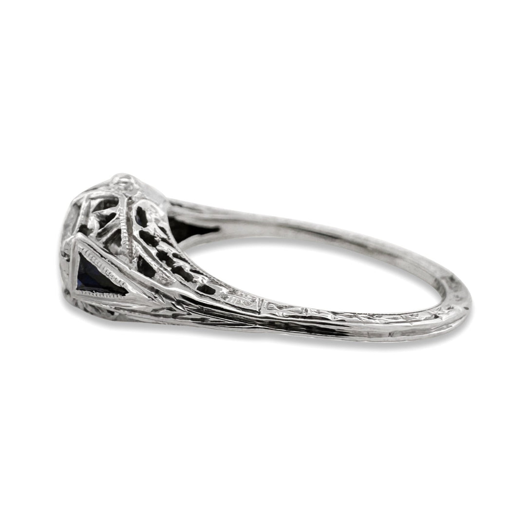 Art Deco 0.55ct Transitional Cut Natural Diamond & Synthetic Sapphire Engagement Ring in 18k White Gold