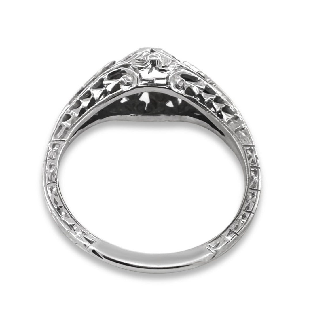 Art Deco 0.55ct Transitional Cut Natural Diamond & Synthetic Sapphire Engagement Ring in 18k White Gold