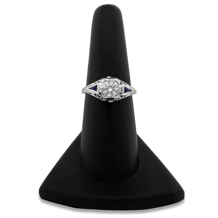 Art Deco 0.55ct Transitional Cut Natural Diamond & Synthetic Sapphire Engagement Ring in 18k White Gold