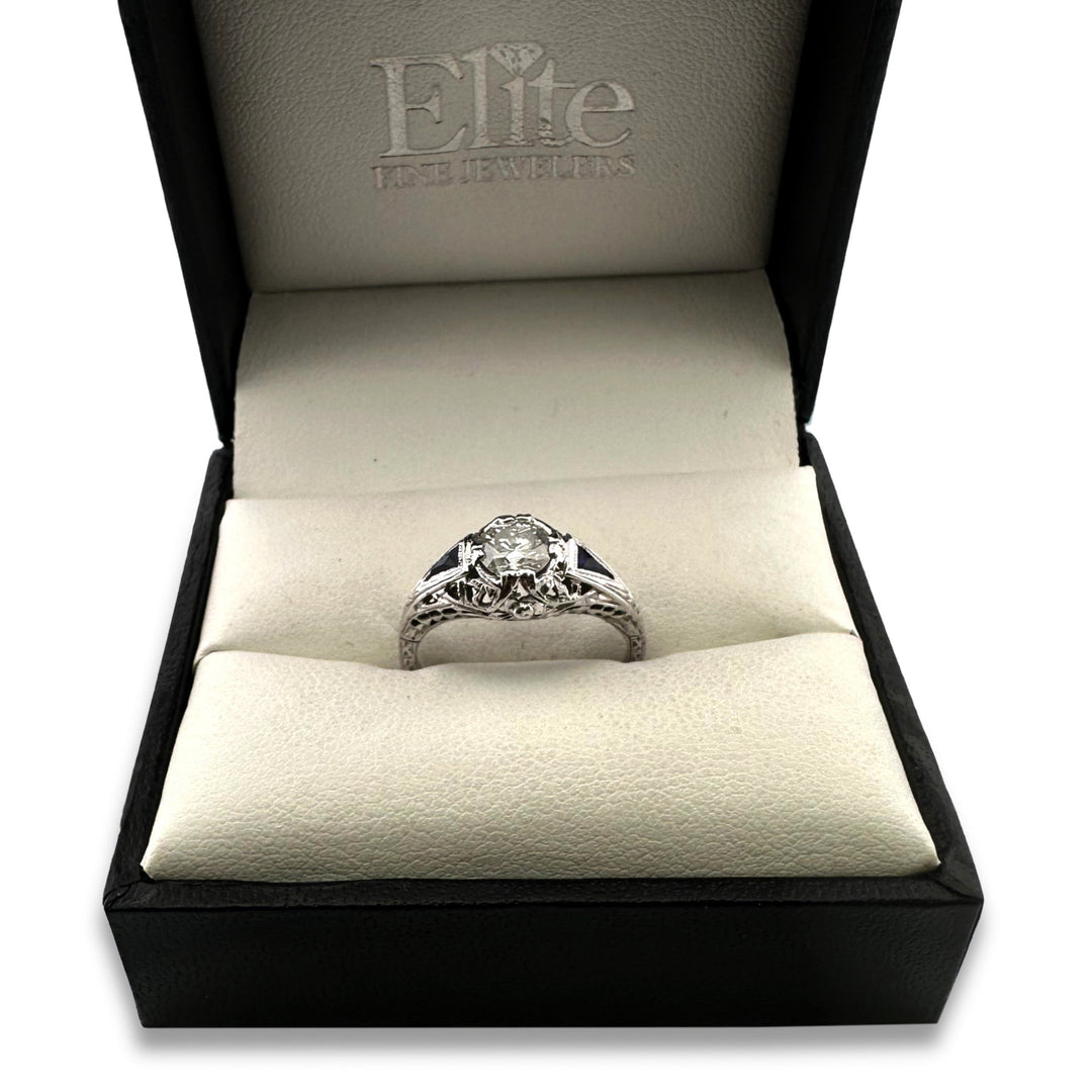 Art Deco 0.55ct Transitional Cut Natural Diamond & Synthetic Sapphire Engagement Ring in 18k White Gold