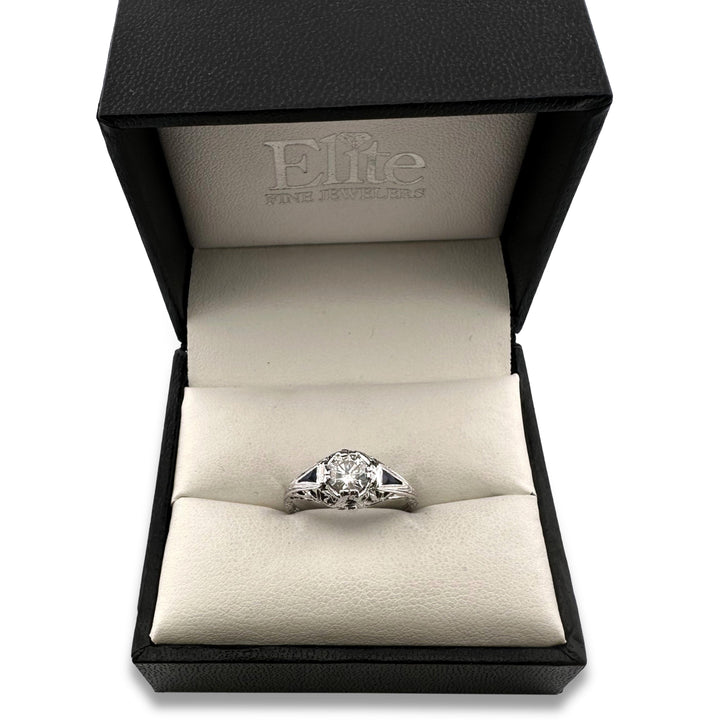 Art Deco 0.55ct Transitional Cut Natural Diamond & Synthetic Sapphire Engagement Ring in 18k White Gold