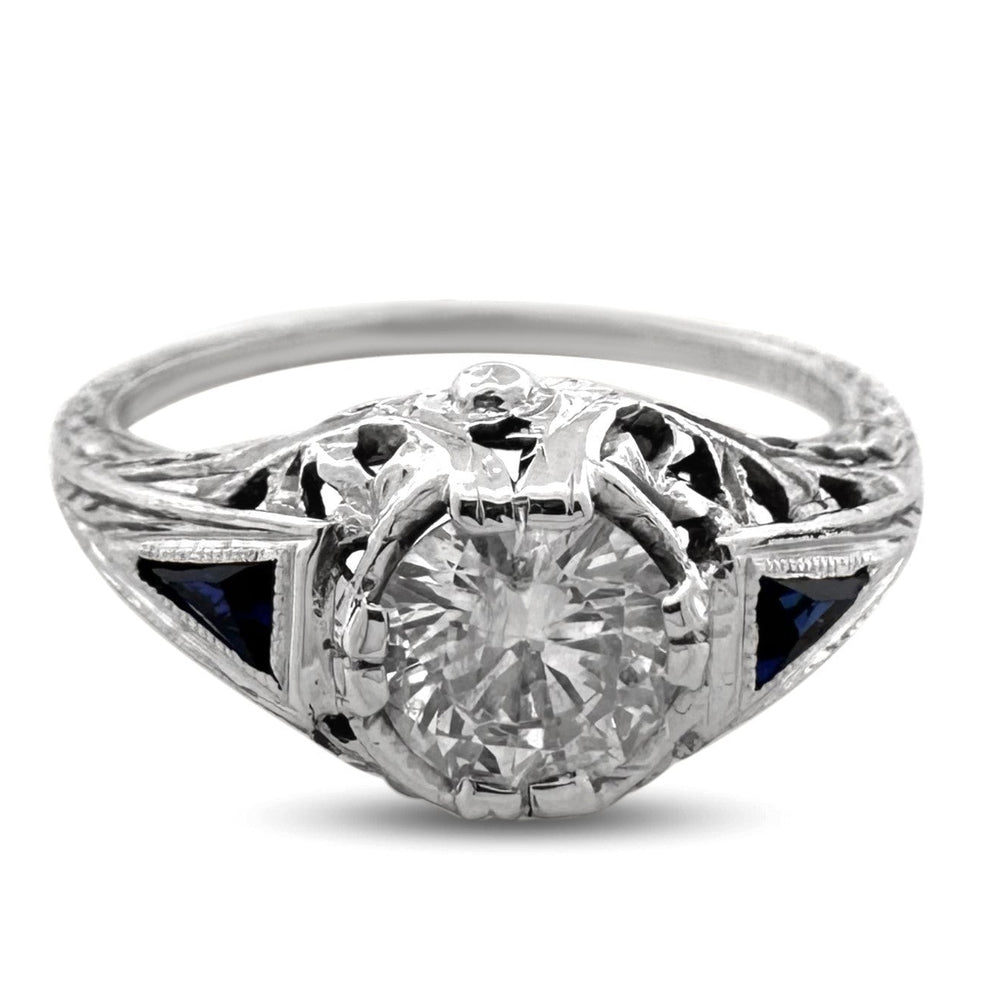 Art Deco 0.55ct Transitional Cut Natural Diamond & Synthetic Sapphire Engagement Ring in 18k White Gold
