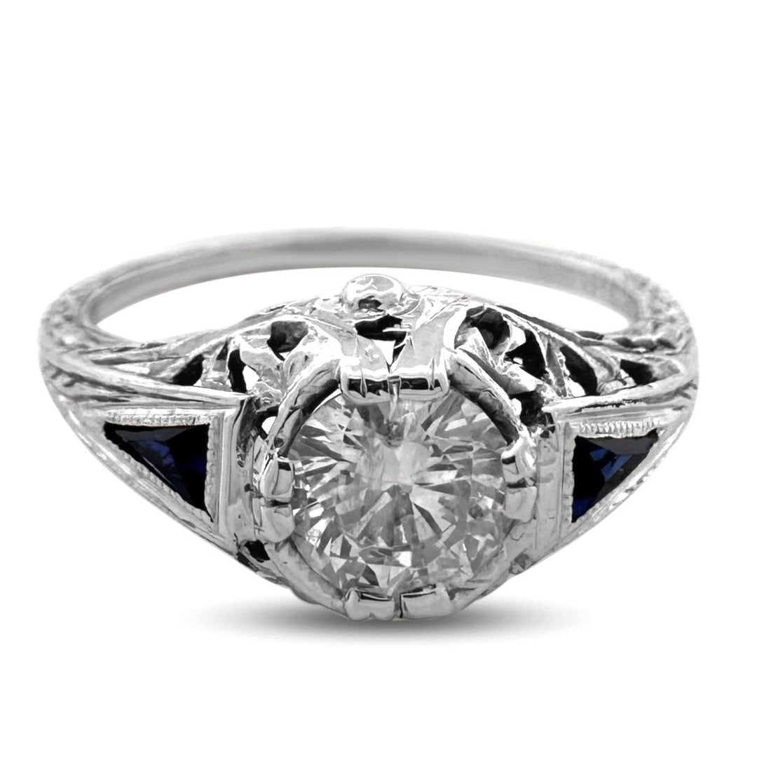 Art Deco 0.55ct Transitional Cut Natural Diamond & Synthetic Sapphire Engagement Ring in 18k White Gold