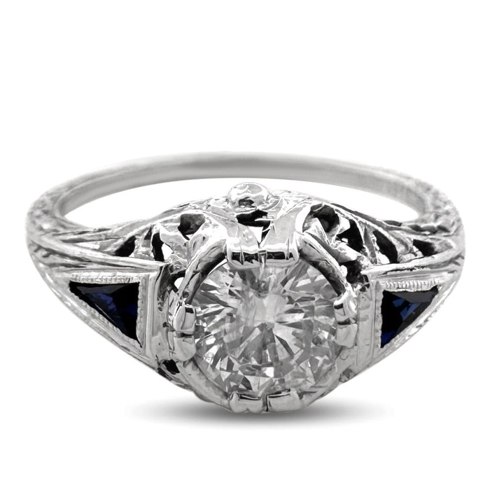 Art Deco 0.55ct Transitional Cut Natural Diamond & Synthetic Sapphire Engagement Ring in 18k White Gold