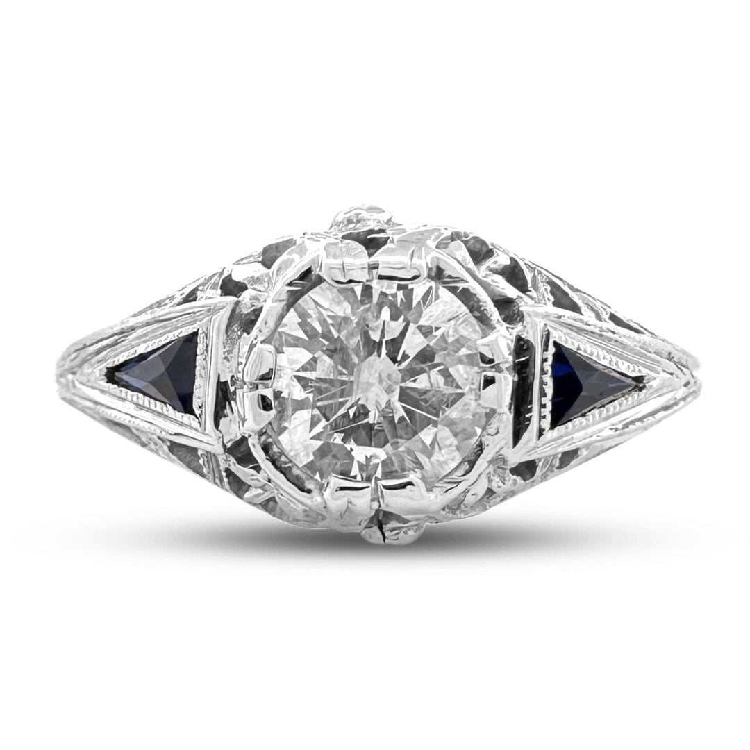 Art Deco 0.55ct Transitional Cut Natural Diamond & Synthetic Sapphire Engagement Ring in 18k White Gold