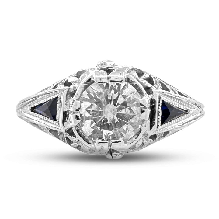 Art Deco 0.55ct Transitional Cut Natural Diamond & Synthetic Sapphire Engagement Ring in 18k White Gold