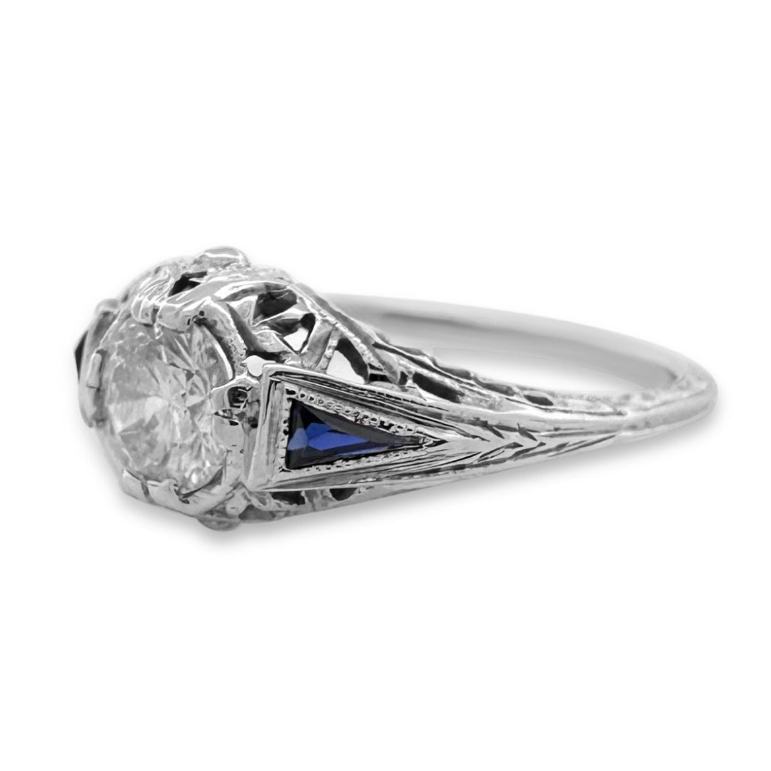 Art Deco 0.55ct Transitional Cut Natural Diamond & Synthetic Sapphire Engagement Ring in 18k White Gold
