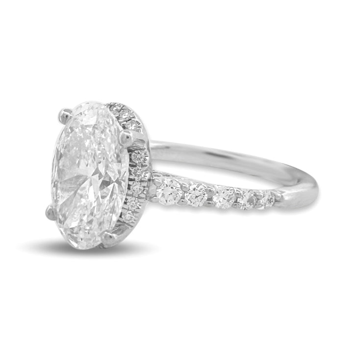 IGI Graded 4.03ct Oval & Round Brilliant Lab-Grown Diamond Halo Wedding Set in 14k White Gold