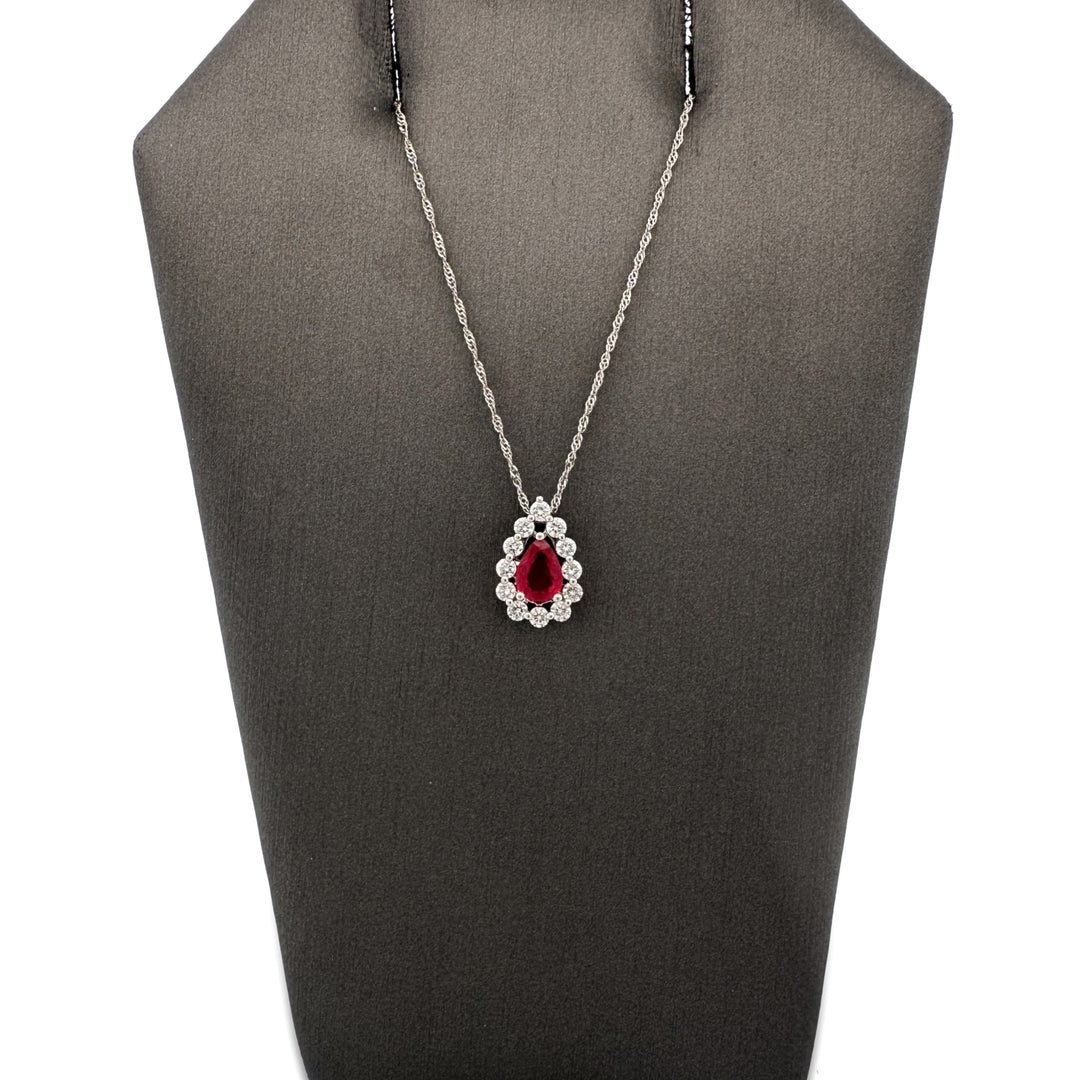 Ruby and Diamond Halo Teardrop Pendant Necklace in 14k White Gold