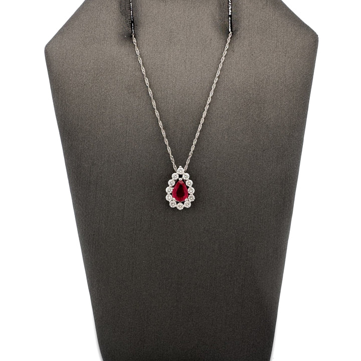 Ruby and Diamond Halo Teardrop Pendant Necklace in 14k White Gold