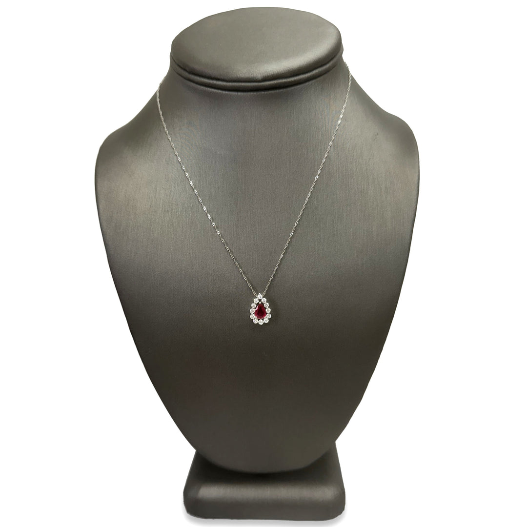 Ruby and Diamond Halo Teardrop Pendant Necklace in 14k White Gold