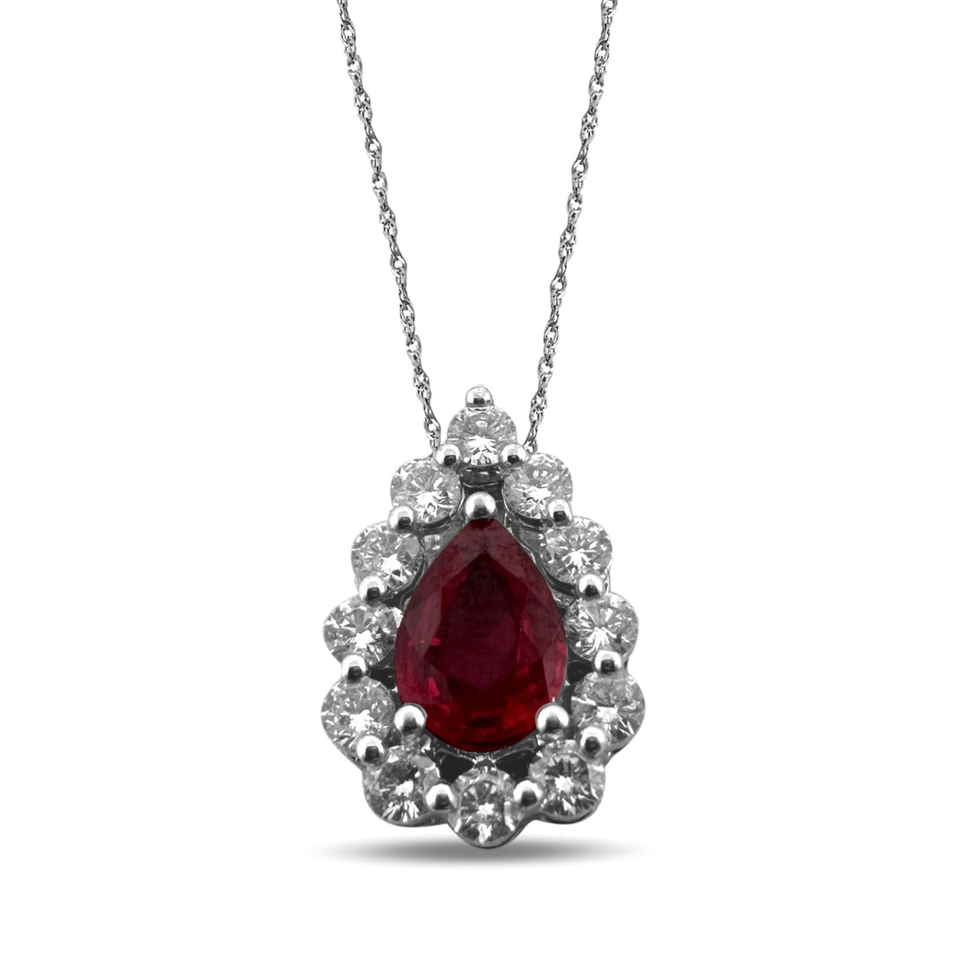 Ruby and Diamond Halo Teardrop Pendant Necklace in 14k White Gold