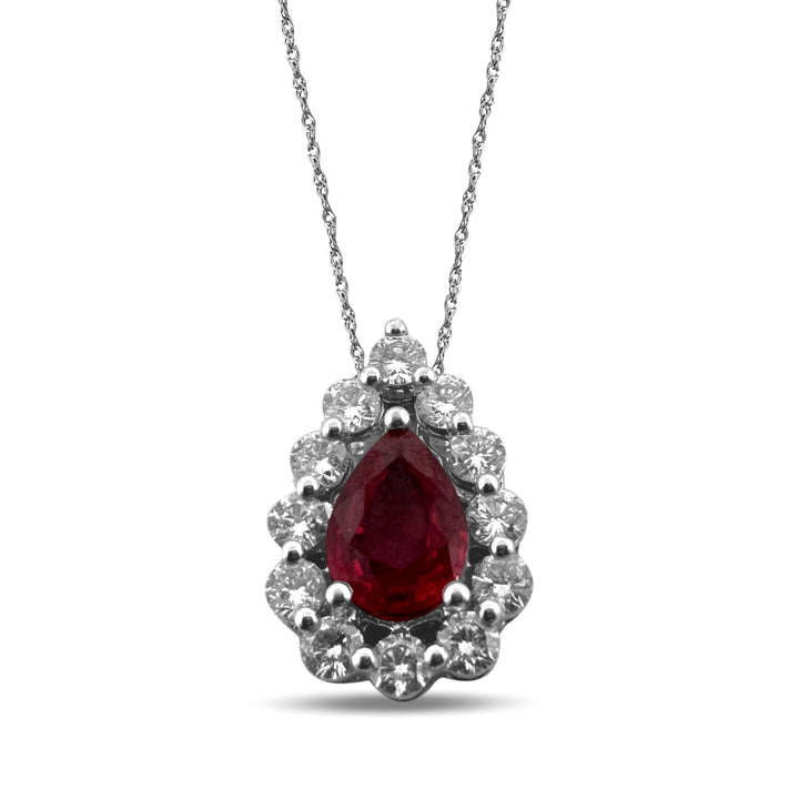 Ruby and Diamond Halo Teardrop Pendant Necklace in 14k White Gold