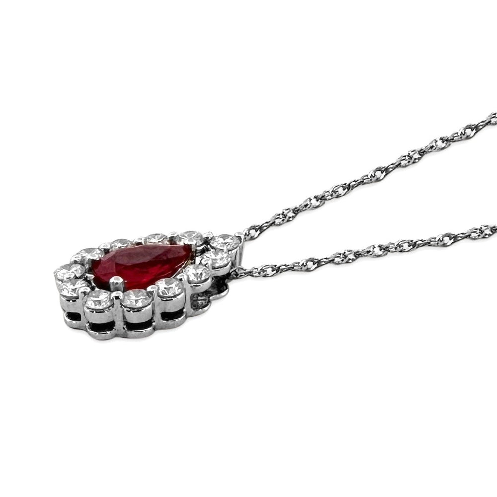 Ruby and Diamond Halo Teardrop Pendant Necklace in 14k White Gold