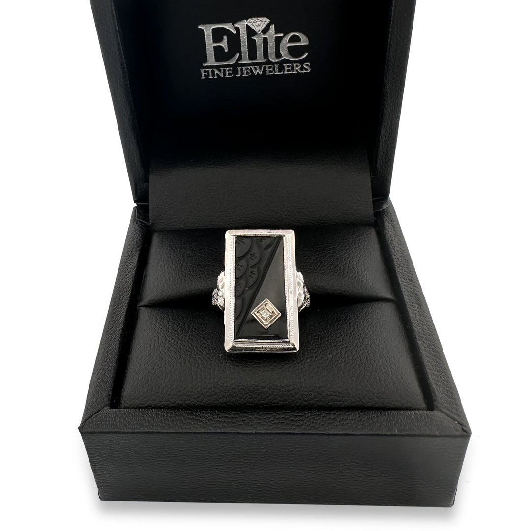 Art Deco Carved Onyx Tablet with Diamond Cocktail Ring in 14k White Gold
